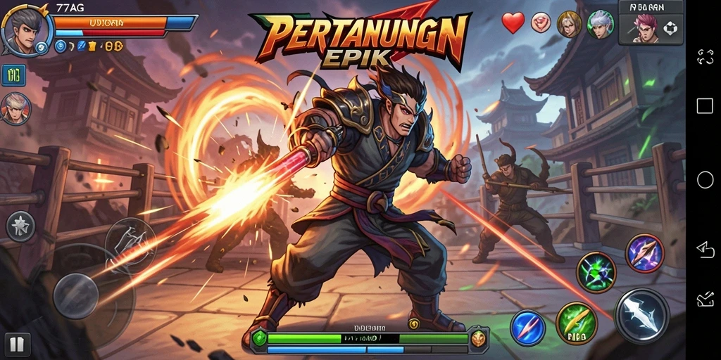 Tampilan seru dari pertarungan 77AG dengan karakter unik.
