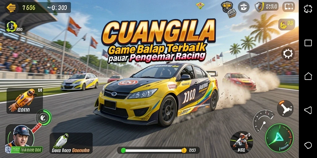 Gameplay CUANGILA dengan mobil balap yang cepat dan lintasan menantang.