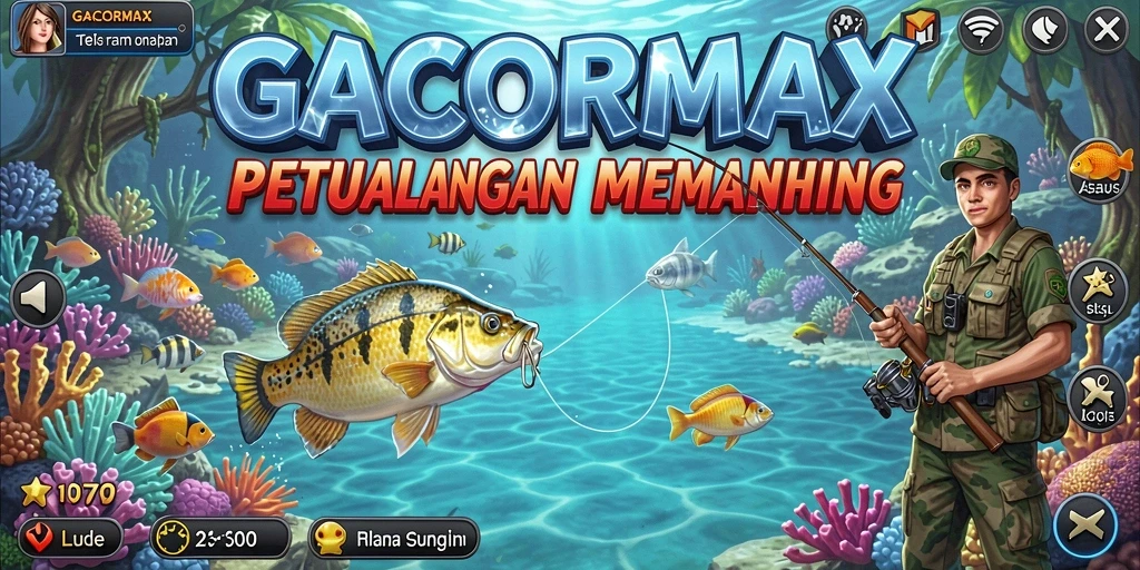 Screenshot GACORMAX menampilkan aksi memancing seru di lokasi indah.