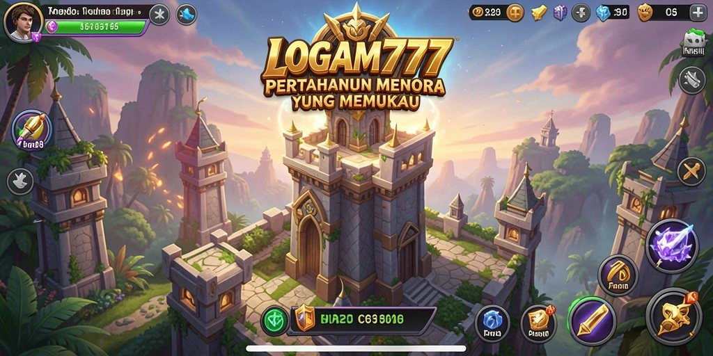 Screenshot LOGAM777 menunjukkan tampilan menara pertahanan dalam aksi.