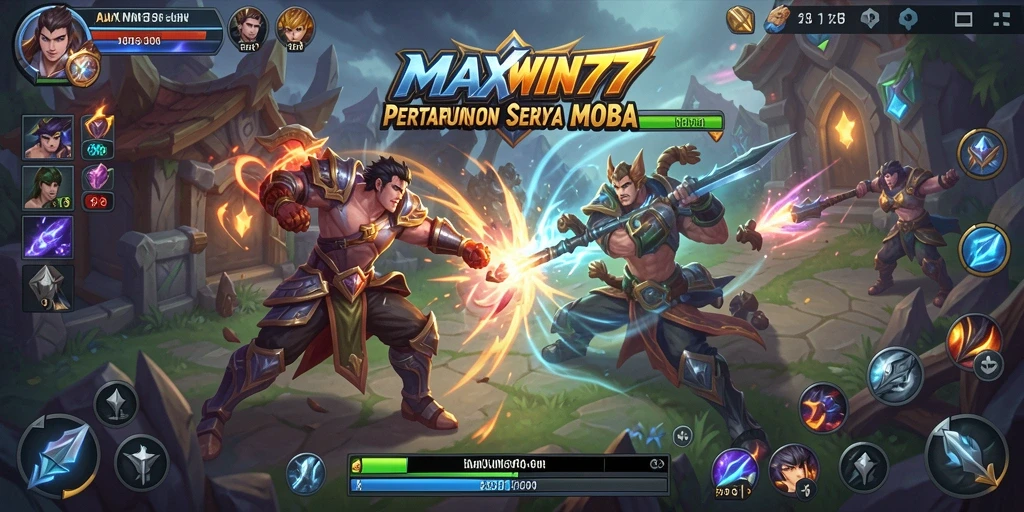Screenshot gameplay seru dari MAXWIN77 di arena pertarungan MOBA.