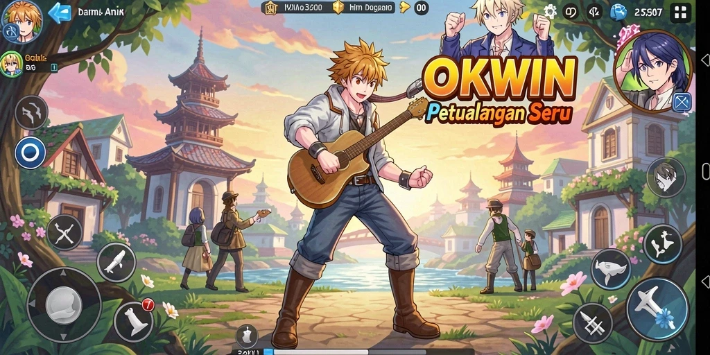 Screenshot gameplay OKWIN yang menunjukkan pertarungan seru dengan karakter Anime.