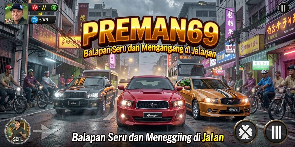 Gambar menampilkan aksi balapan seru dalam PREMAN69.