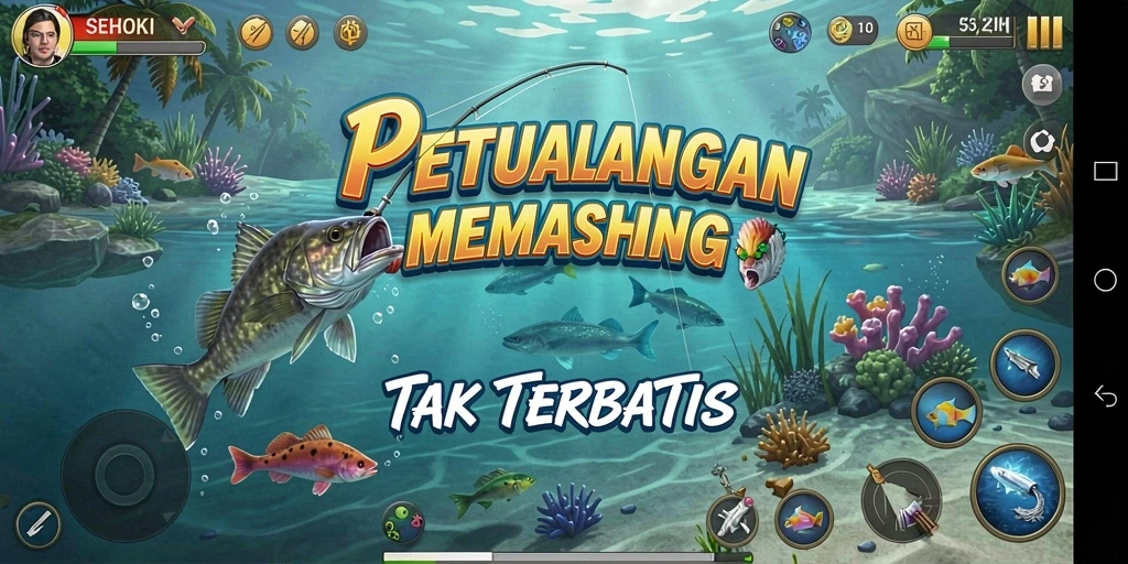 Gameplay seru SEHOKI dengan berbagai jenis ikan yang menunggu untuk ditangkap.