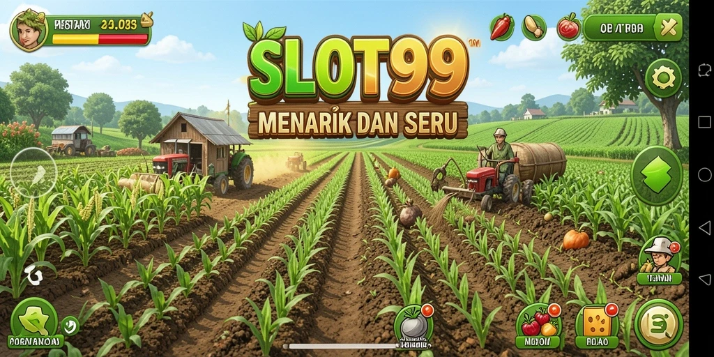 Tampilan gameplay menarik dari SLOT99 dengan suasana pertanian.