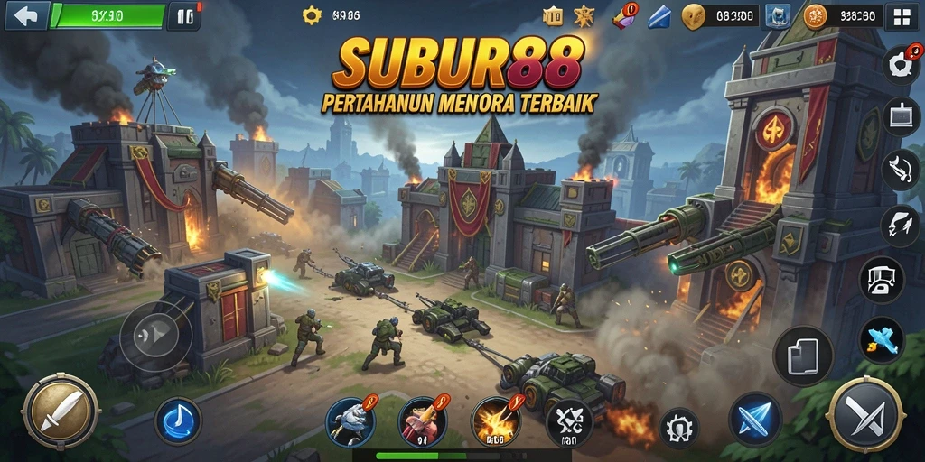 Tangkapan layar SUBUR88 menunjukkan aksi seru dalam pertahanan menara.