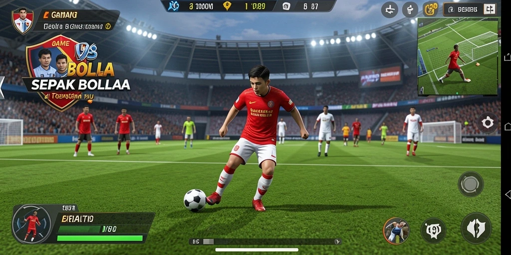 Tangkapan layar utama V98 menunjukkan aksi seru di lapangan sepak bola.